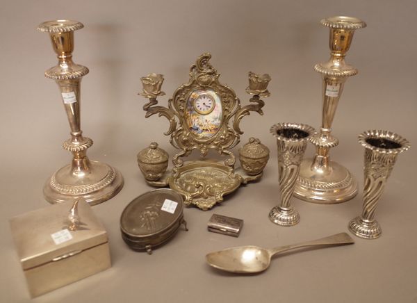 Silver and silver mounted wares, comprising; two similar vases with embossed decoration, London 1905 and 1906, an oval trinket box, with a flower spra