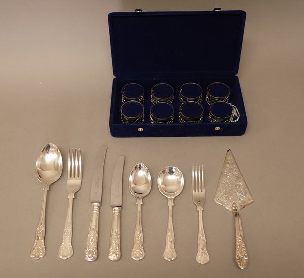 A King's pattern plated part table service, comprising; four table spoons, six soup spoons, six table forks, six dessert forks, six dessert spoons, si