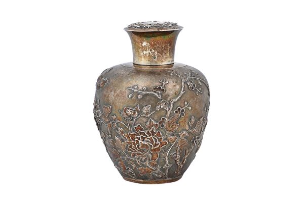 A Chinese lidded tea caddy, of bulbous form, decorated with a bird, foliage and blossom, the detachable lid decorated with a floral border, maker Hung