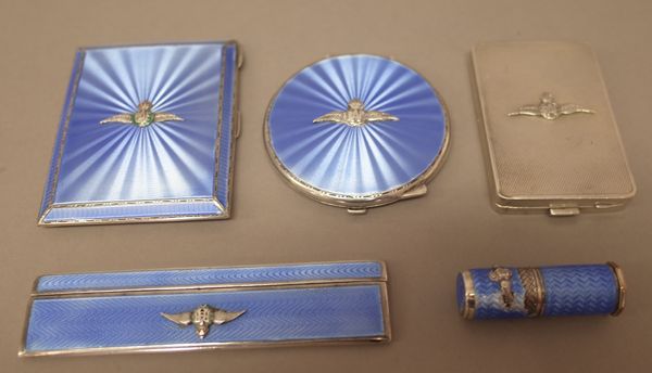 A silver and pale blue enamelled rectangular cigarette case, the front mounted with the R.A.F. wings, Birmingham 1939, three further mostly silver and