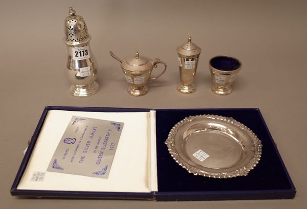 A silver sugar caster, of baluster form, by Mappin & Webb Ltd, Sheffield 1972 and a silver dish of shaped circular form, Sheffield 1977, diameter 14cm