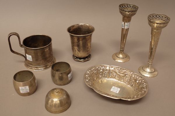 A group of foreign and plated wares, comprising; a Russian tea glass holder, with engraved decoration, Moscow 1891, a shaped oval bonbon bowl, decorat