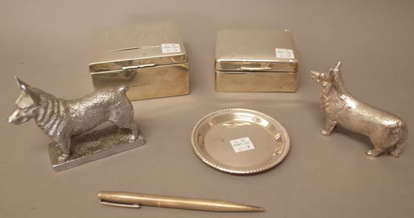 Silver and silver mounted wares, comprising; two rectangular table cigarette boxes, both wooden lined within, a circular trinket dish, diameter 9cm an