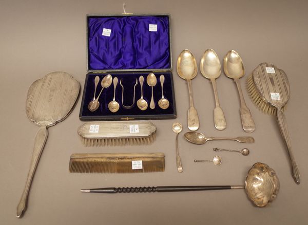 Silver and silver mounted wares, comprising; a pair of fiddle pattern table spoons, London 1820, another fiddle pattern table spoon, Exeter 1829, a se