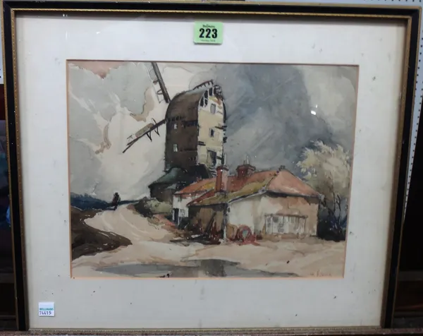 A group of three watercolours, including a view of a windmill by William Hyams; a harbour scene by Frances Nesbitt, and a view of a riverside town by