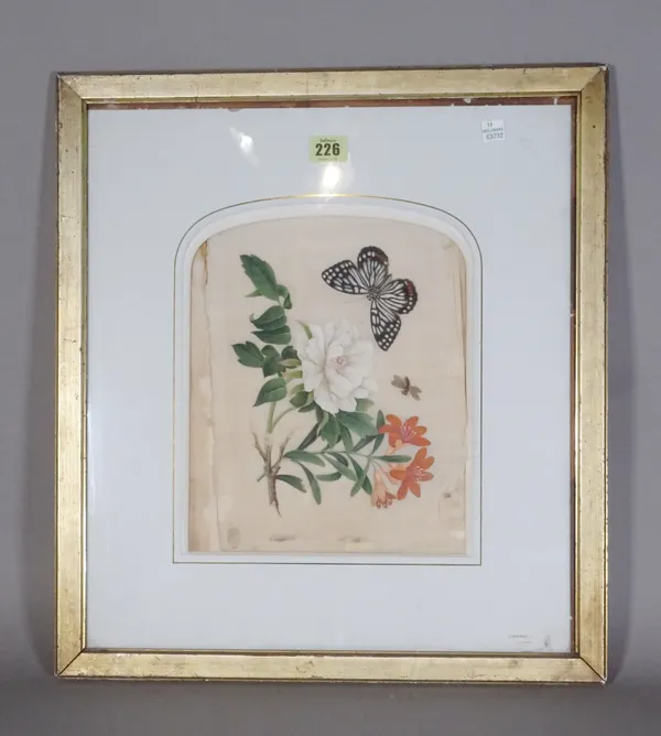 A 19th century Chinese painting on silk depicting butterflies and flowers.   CAB