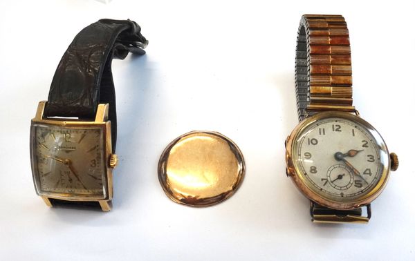 A Longines gilt metal square cased gentleman's wristwatch, the signed silvered dial with gilt Arabic and baton numerals and with subsidiary seconds, d