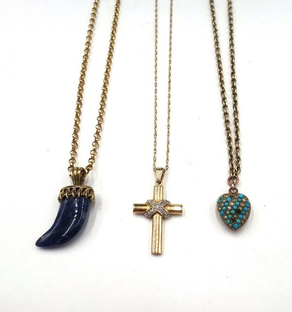 A 9ct gold and diamond set pendant cross, on a gold neckchain, a 9ct gold mounted blue stone pendant, with a 9ct gold circular link neckchain, on a bo