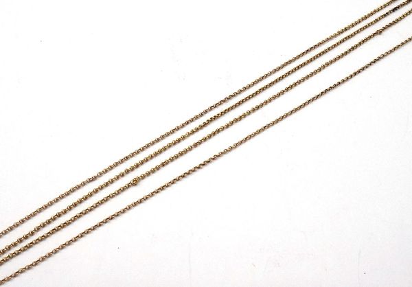 A gold circular link long chain, on a gold cylindrical clasp, detailed 15 CT, weight 8.2 gms.