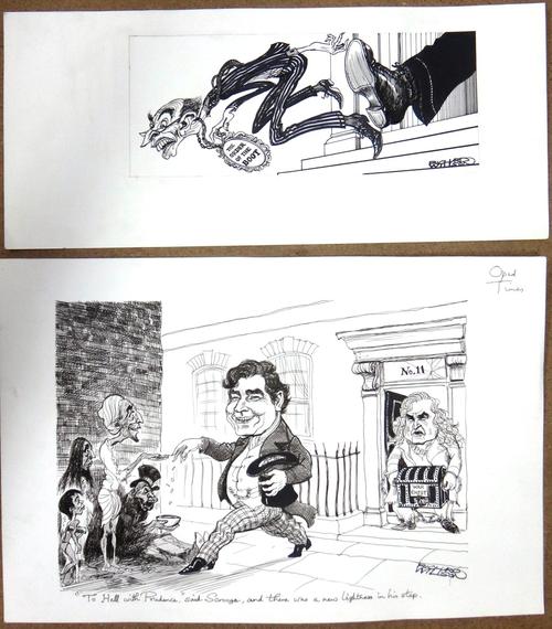 Richard Willson (1939-2011) Gordon Brown - "To Hell with prudence" said Scrooge, and there was a new lightness in his step, 29 x 39cm.; together with