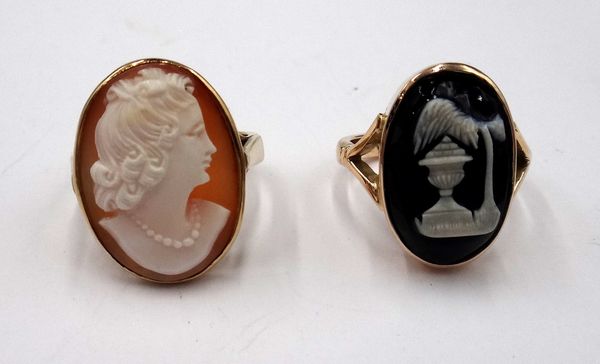 A gold mounted oval shell cameo ring, carved as the portrait of a lady, detailed 9 CT, ring size M and a gold mounted banded agate cameo ring, designe