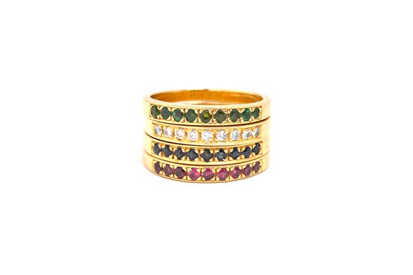 An 18ct gold and diamond set half eternity ring, mounted with a row of nine circular cut diamonds, detailed 750, ring size N and three further 18ct go