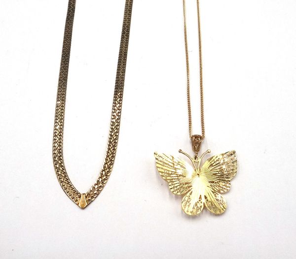 A 9ct gold flat link collar necklace, on a boltring clasp and a 9ct gold filigree butterfly pendant, with a 9ct gold curb link neckchain, on a boltrin