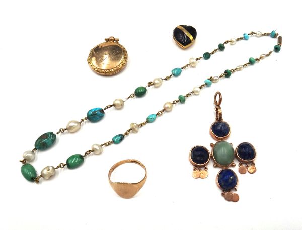 A turquoise and baroque cultured pearl single row graduated necklace, a 9ct gold circular pendant locket, inscribed to the front, a gold and black ena