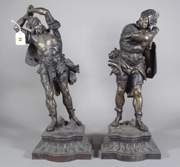 A pair of spelter figures of warriors. 55cm tall.  C10