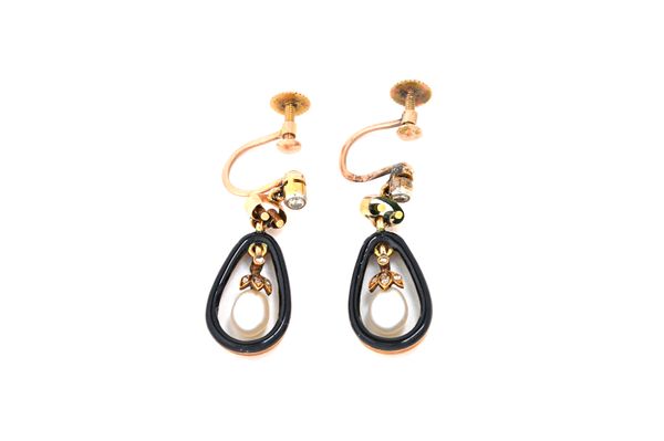 A pair of gold, diamond and pearl set and black enamelled pendant earrings, each with a diamond set foliate capped cultured pearl drop, within a black