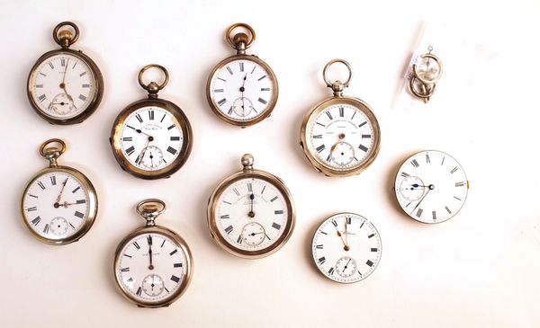 A silver cased, keyless wind, openfaced pocket watch, London 1881, six further mostly silver cased, openfaced pocket watches, two pocket watch movemen