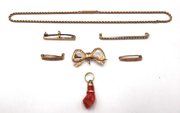 A 9ct gold fob watch brooch, designed as a bow, a gold ropetwist link neckchain, on a cylindrical clasp, two gold lace pins, each engraved H.P.R., a g