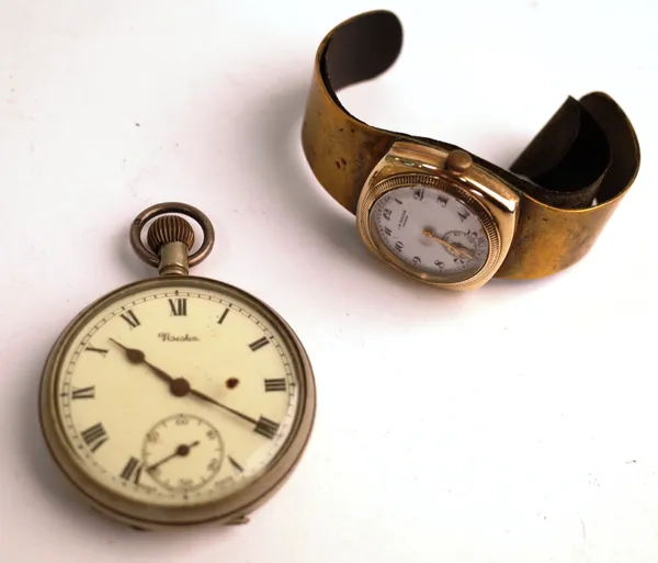 A J.W. Benson, London gold cushion shape cased wristwatch, later fitted to a brass bangle, the signed enamelled dial with black Roman numerals, gilt h