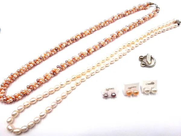 A three row ropetwist necklace of vary coloured freshwater cultured pearls, a single row necklace of freshwater cultured pearls, three pairs of freshw