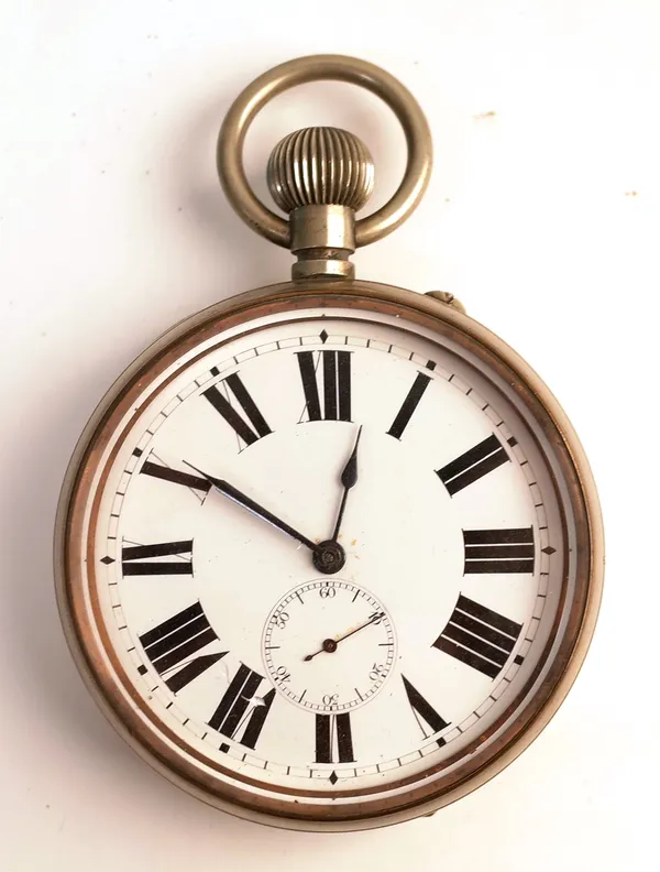 A base metal cased, keyless wind openfaced Goliath watch, the gilt jewelled movement numbered 3032, the enameled dial with black Roman numerals, subsi