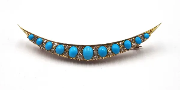 A gold, turquoise and diamond brooch, designed as a shallow crescent, mounted with a row of graduated turquoise and with rows of cushion shaped diamon