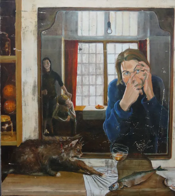 British School (20th century), Interior with cat and family group, oil on canvas, unframed, 99cm x 90cm.  F1