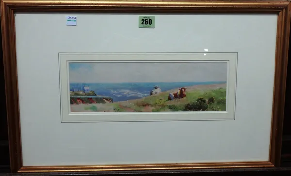 A group of three watercolours, including cattle resting in a coastal landscape by Walter Bothams, an Italian coastal view, and a view of Venice by a f