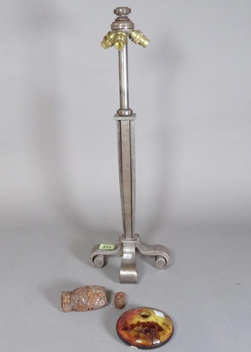 Collectables, including; a table lamp, an inkwell signed Marc and a carved treen snuff box, (a.f).   CAB