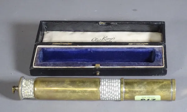 An Otis Kings patent slide rule calculator of cylindrical form, telescopic action in a velvet lined case, 16.5cm.  CAB