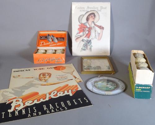 A collection of Tennis memorabilia, early 20th century, including balls and pictures, (qty).  CAB