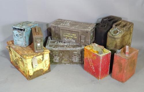 A quantity of early 20th century metal jerry cans and ammunition cases, (qty).   S4B