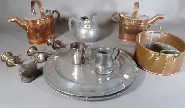 Metalware, including; pewter tankards, pewter plates, copper watering cans and sundry, (qty).  S4M
