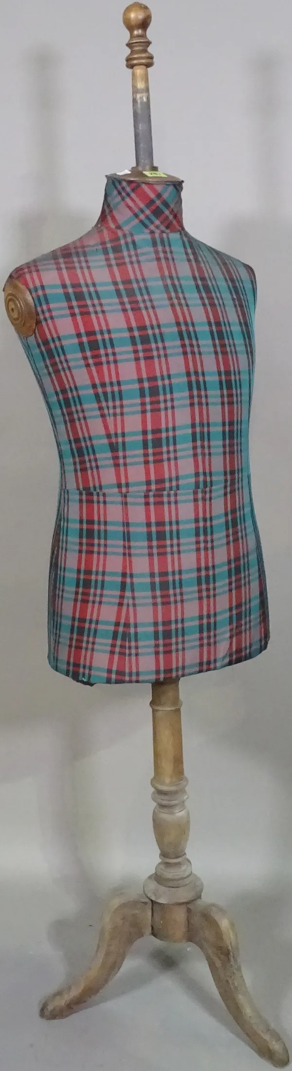 A green and red tartan dress makers mannequin, 158cm high.   H5