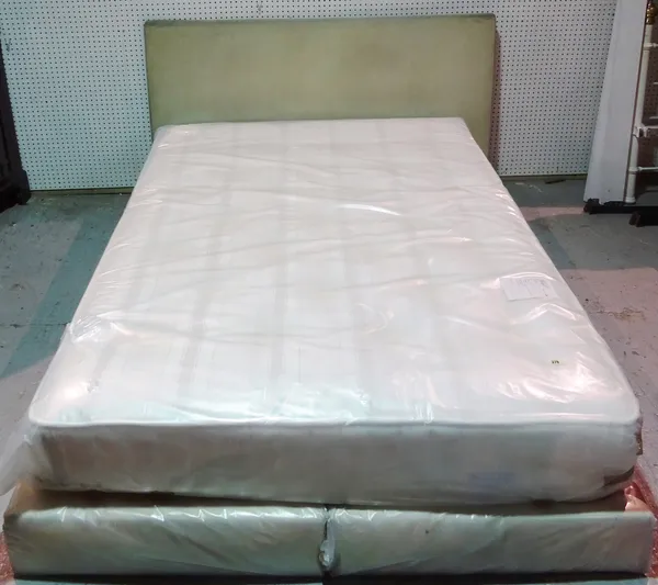 Ligne Roset; a 20th century double bed with cream suede headboard, bed base and mattress, 155cm wide x 90cm high.   I7