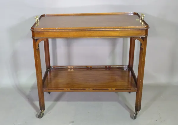 A Regency style mahogany two tier serving trolley with galleried top and brass handles, 86cm wide x 78cm high and a Regency style mahogay two tier ser