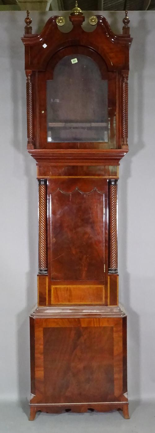 An early Victorian mahogany longcase clock case, lacking movement, the hood and trunk with wrythen turned side columns.   J5