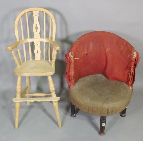 A Victorian mahogany framed corner chair on ring turned tapering supports, (a.f) and a 20th century pine stick back child's open armchair, (2).   B6