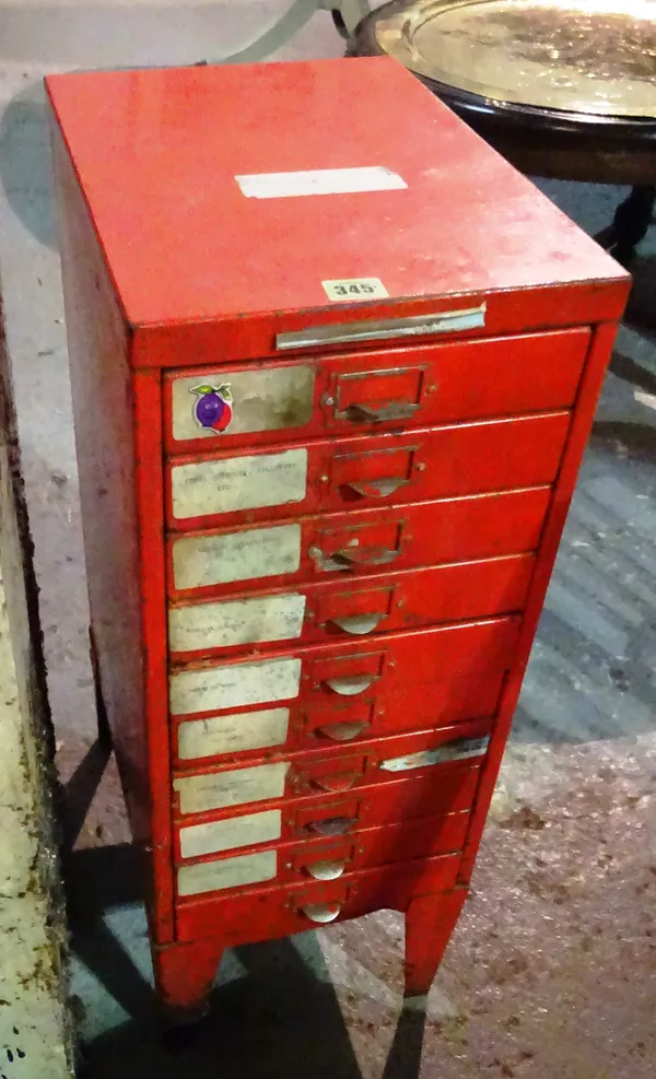 A 20th century red painted metal ten drawer tool chest containing a quantity of tools, 27cm wide x 73cm high and a 20th century white painted metal fo