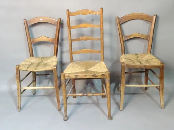 A group of three 19th century rush seated chairs and an ebonised bedroom chair, (4).   C6