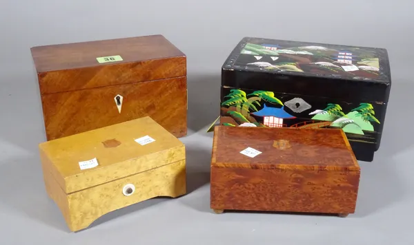 Two small wooden music case boxes, a lacquered jewellery case with music box and a two division tea caddy.  S2M