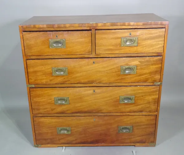 A 19th century campaign style stained pine chest of two short and three long drawers, 90cm wide x 90cm high.  C10