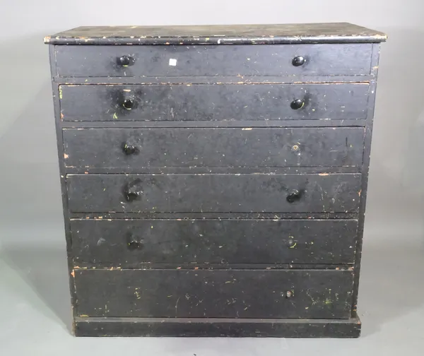 An early 20th century black painted chest of six graduated long drawers, 95cm wide x 100cm high.  D10