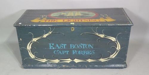 An early 20th century pine seafarers painted trunk,'The Lightning, East Boston 1468', 107cm wide x 50cm high.  H5
