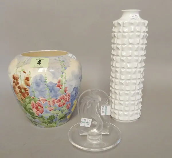 A 20th century whited glazed Meissen porcelain vase, a floral decorated vase and a Lalique glass pin dish.  CAB