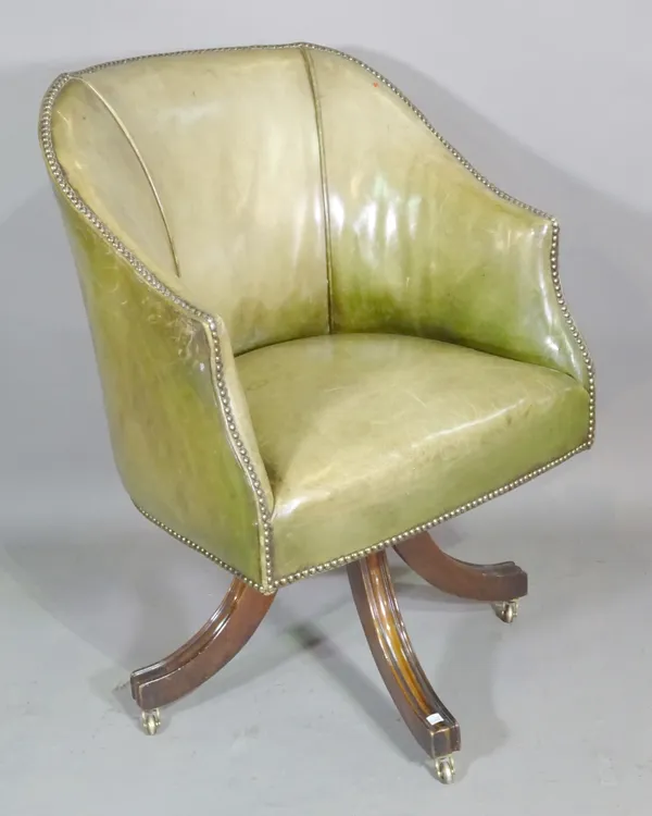 A Regency style tub office armchair with studded green leather upholstery.  H5