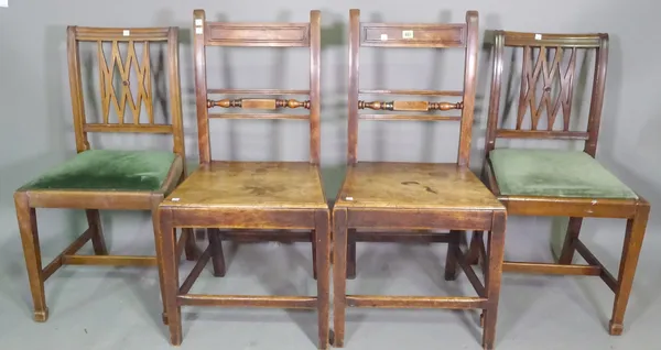 A pair of 19th century mahogany bar back hall hairs and a pair of early 20th century mahogany lattice back dining chairs, (4).   C9