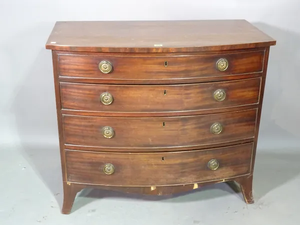 A George III mahogany bowfront chest of four long graduated drawers, 96cm wide x 83cm high.  G8