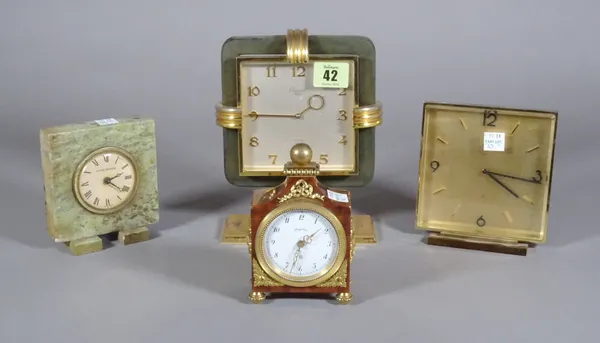 A Swiss gilt metal timepiece by Rosemont, another by Imhof, a green marble timepiece and a gilt metal painted timepiece.  CAB