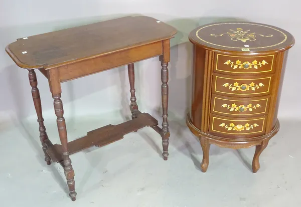 A 20th century mahogany oval chest of four short drawers on tapering supports, 49cm wide x 73cm high, a mahogany three tier cake stand, 28cm wide x 70